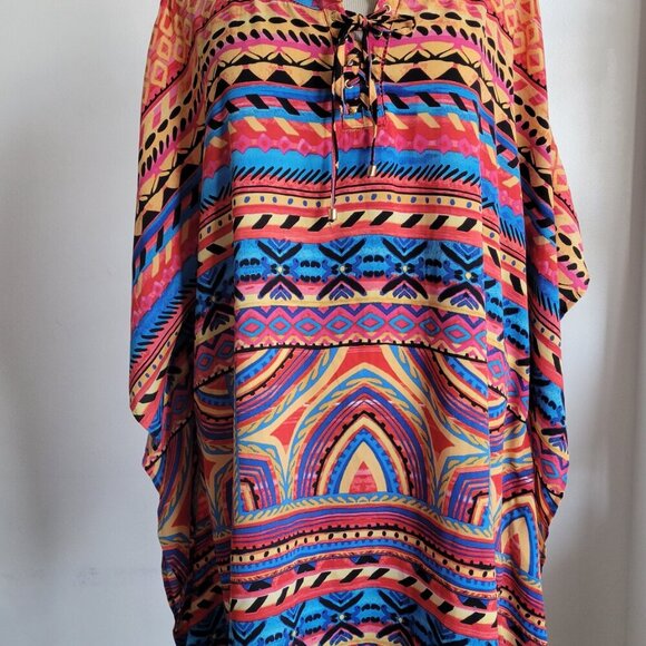 Rafaella Striped Tribal Caftan Tunic Top Sunset Serenade (Size: 1X) - Picture 3 of 12